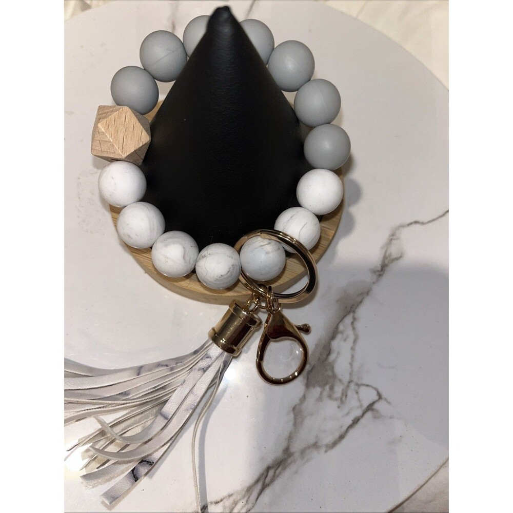 Silicone Beaded Wristlet Keychain Bracelet Tassel Key Ring Holder
